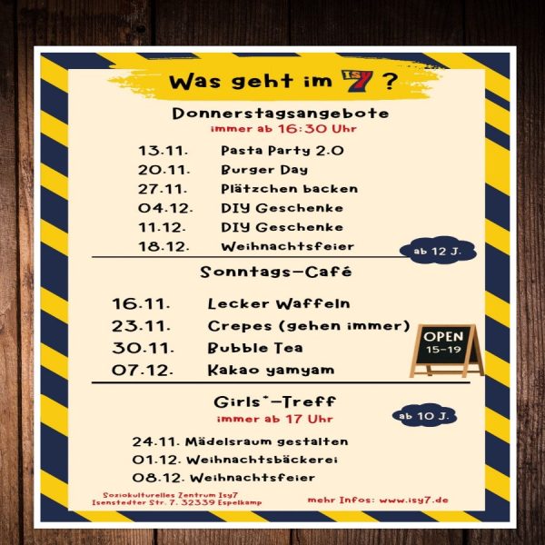 ++Das geht im Isy7!!++ Unsere Angebote für alle ab 10 oder 12 Jahren