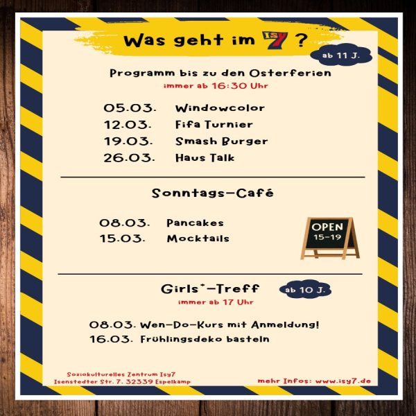 ++Das geht im Isy7!!++ Unsere Angebote für alle ab 10 oder 12 Jahren